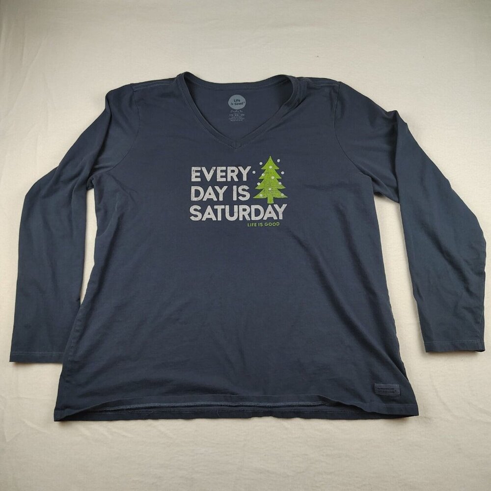 Life is Good Blue Every Day is Saturday Tree Graphic Shirt Womens 2XL
